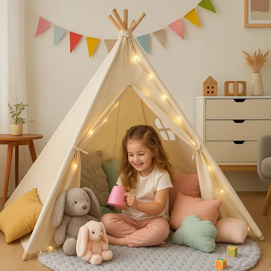 Tente tipi enfant beige avec petite fille jouant joyeusement