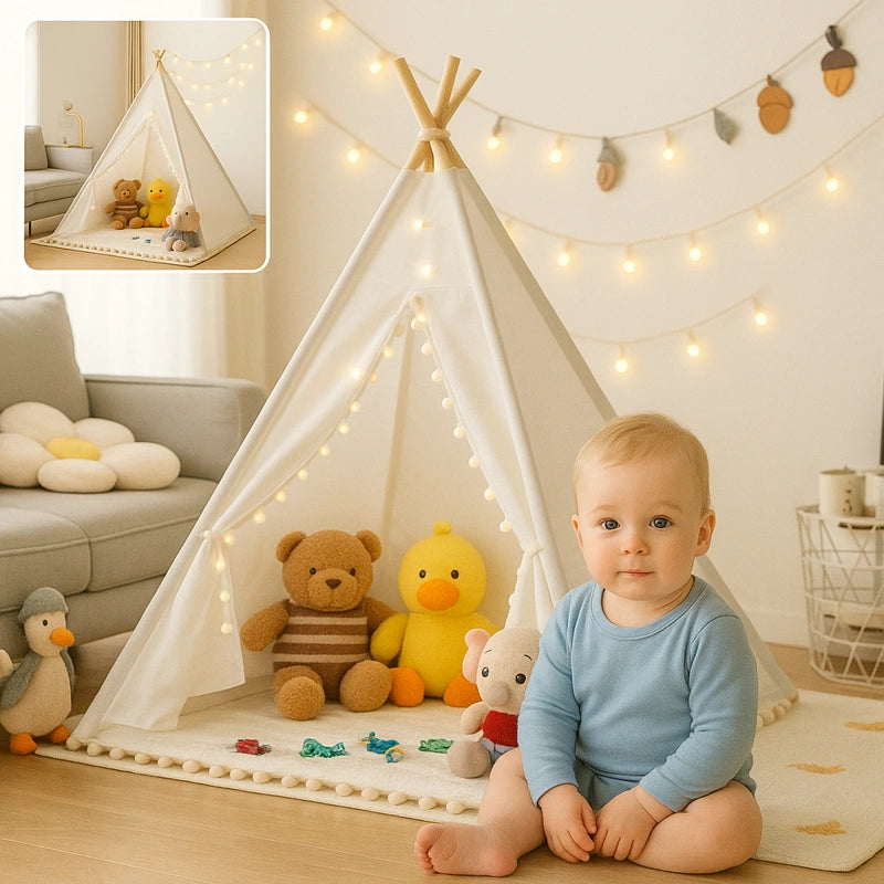 Bébé assis devant un tipi blanc lumineux avec jouets en peluche colorés