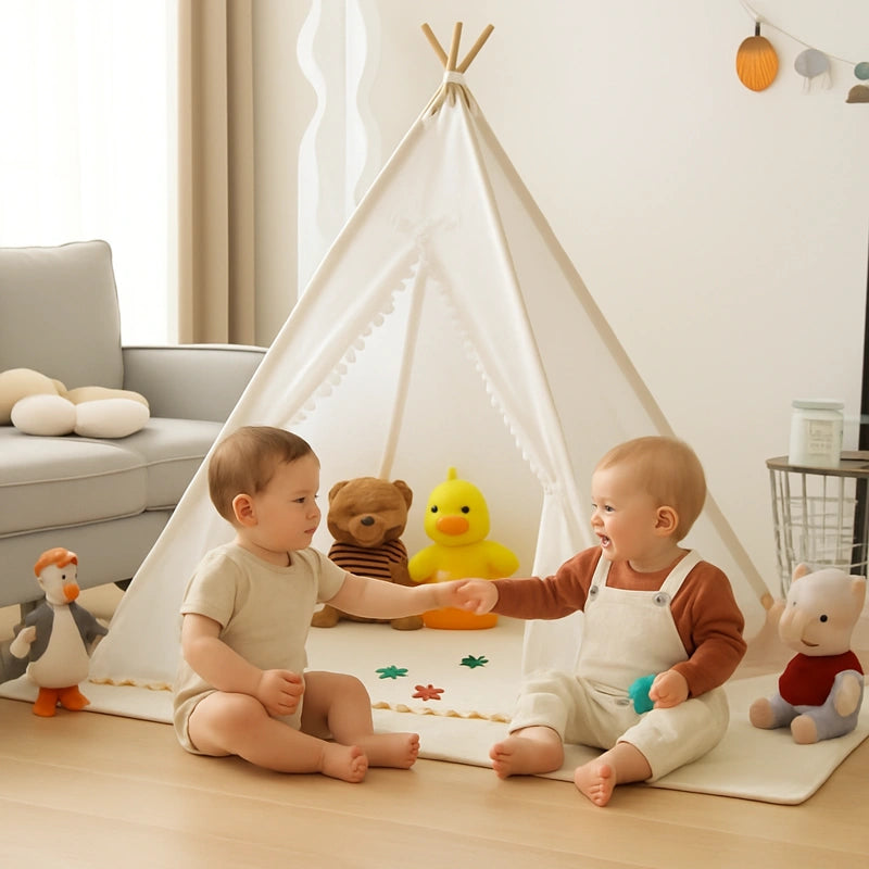 Deux bébés jouent ensemble devant un tipi blanc décoré de guirlandes lumineuses
