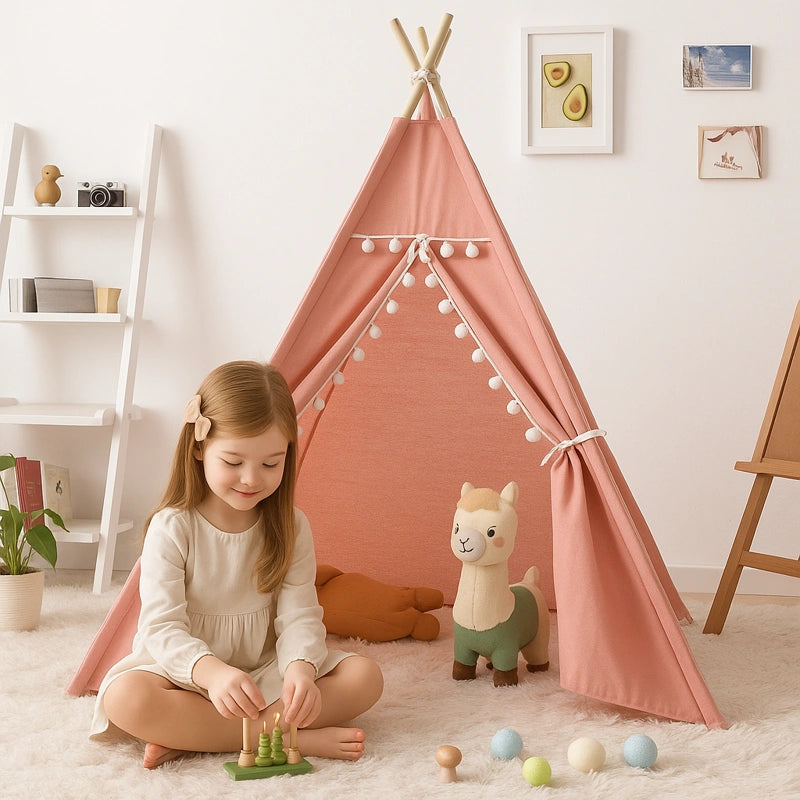 Fillette souriante joue dans un tipi rose avec jouets et décoration douce