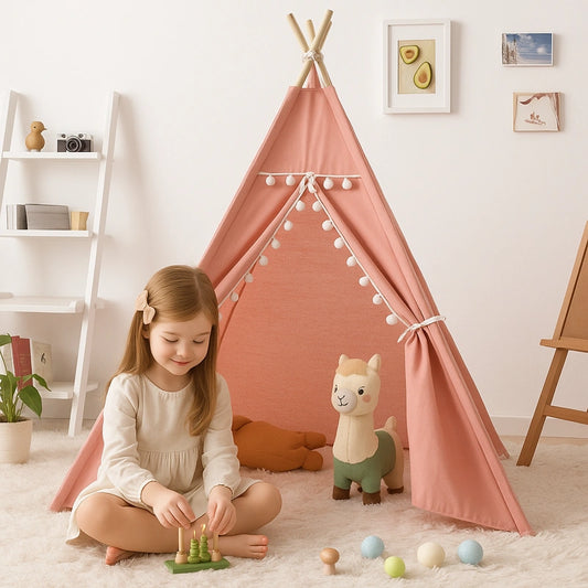Fillette souriante joue dans un tipi rose avec jouets et décoration douce