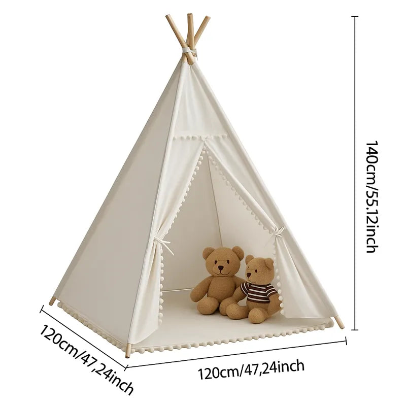 Dimensions de tente tipi enfant blanche avec pompons décoratifs et deux oursons assis