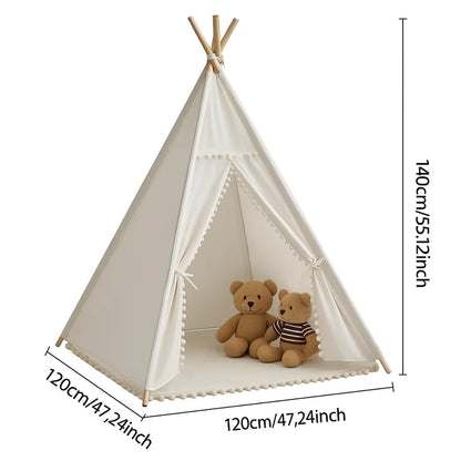 Dimensions de tente tipi enfant blanche avec pompons décoratifs et deux oursons assis