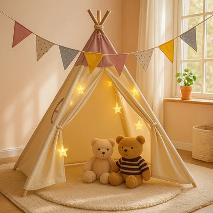 Tipi enfant beige décoré de lumières étoiles avec deux peluches adorables.