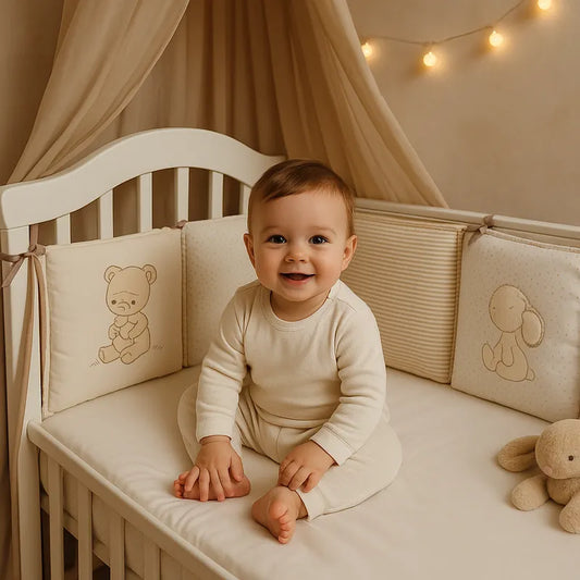 Bébé souriant assis berceau beige tour de lit confort