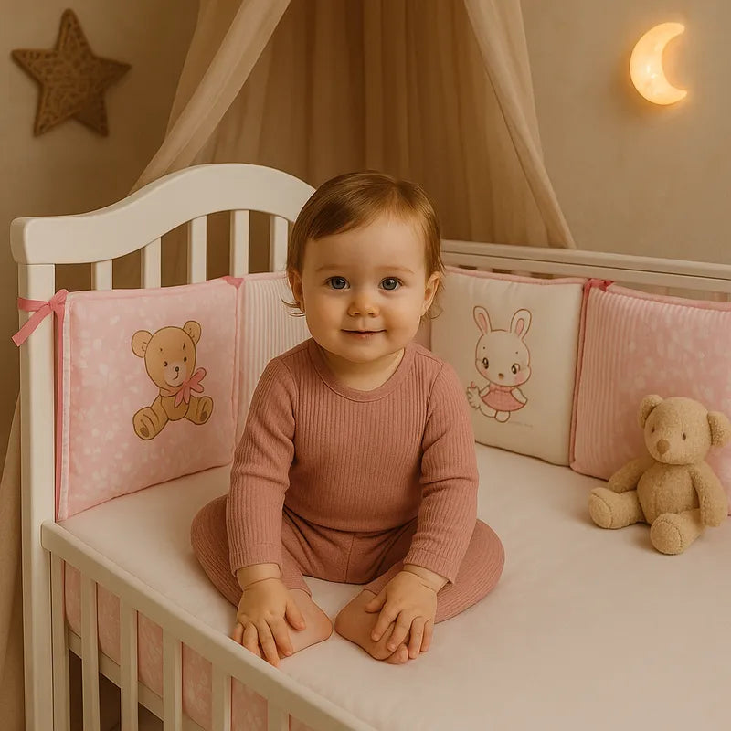 Bébé assis berceau rose décoré tour de lit sécuritaire