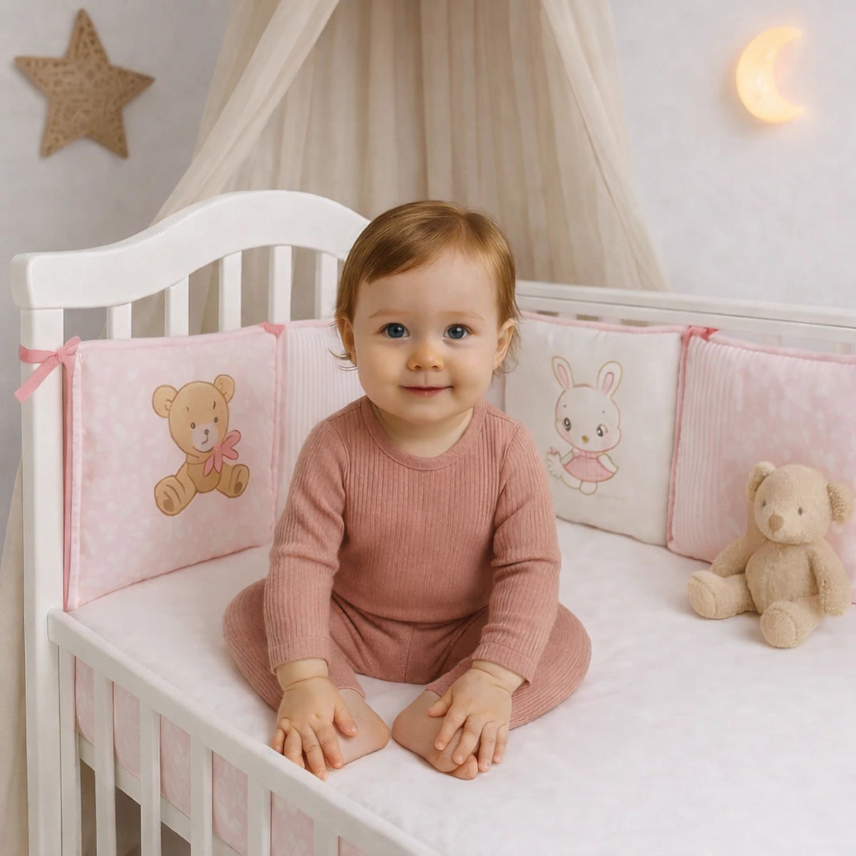 Bébé assis dans un lit bébé avec tour de lit rose en coton,