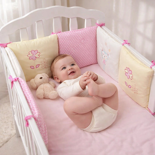 Tour de lit bébé rose avec coussins rembourrés, bébé allongé dans son lit,