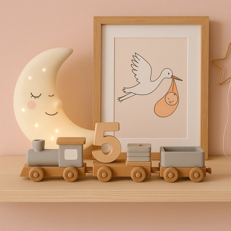 Train en bois décoratif posé sur une étagère dans une chambre de bébé rose poudré avec veilleuse lune et cadre cigogne.