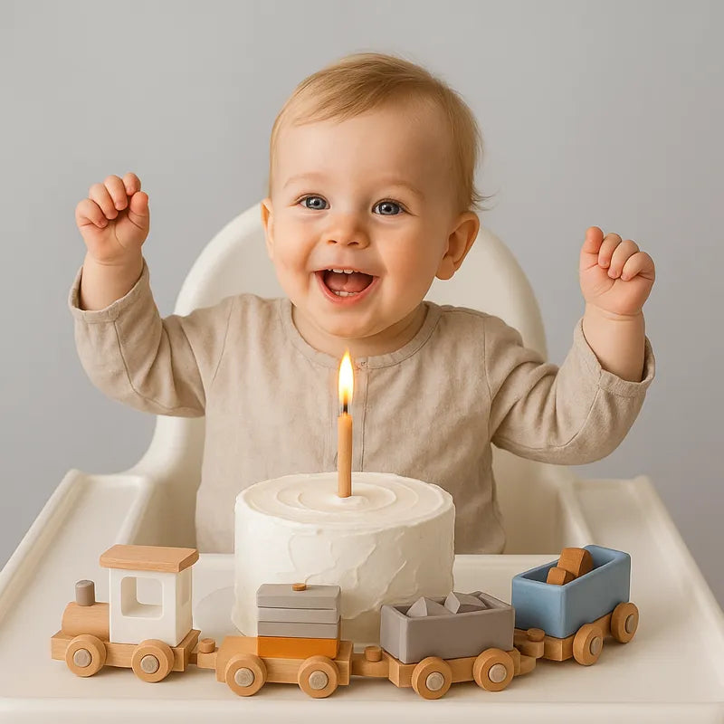 Bébé joyeux célébrant son anniversaire avec un train en bois naturel sur une table blanche.