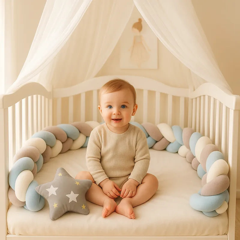 Tresse de lit bébé bleue et grise avec bébé assis souriant 