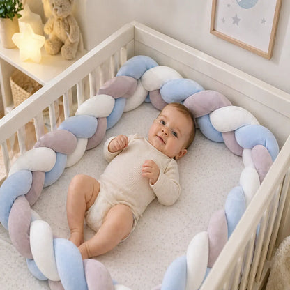 Tresse de lit bébé bleu gris blanc installée dans une couchette avec bébé, décoration douce de chambre de bébé