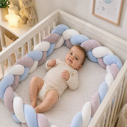 Tresse de lit bébé bleu gris blanc installée dans une couchette avec bébé, décoration douce de chambre de bébé