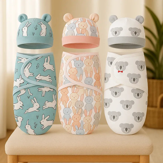 Trois gigoteuses bébé présentées avec motifs lapins, oursons et bonnet assorti