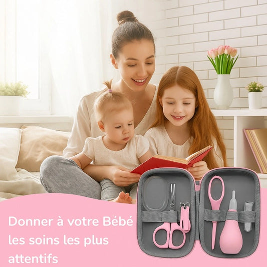 Maman et enfants avec trousse de soins bébé rose complète
