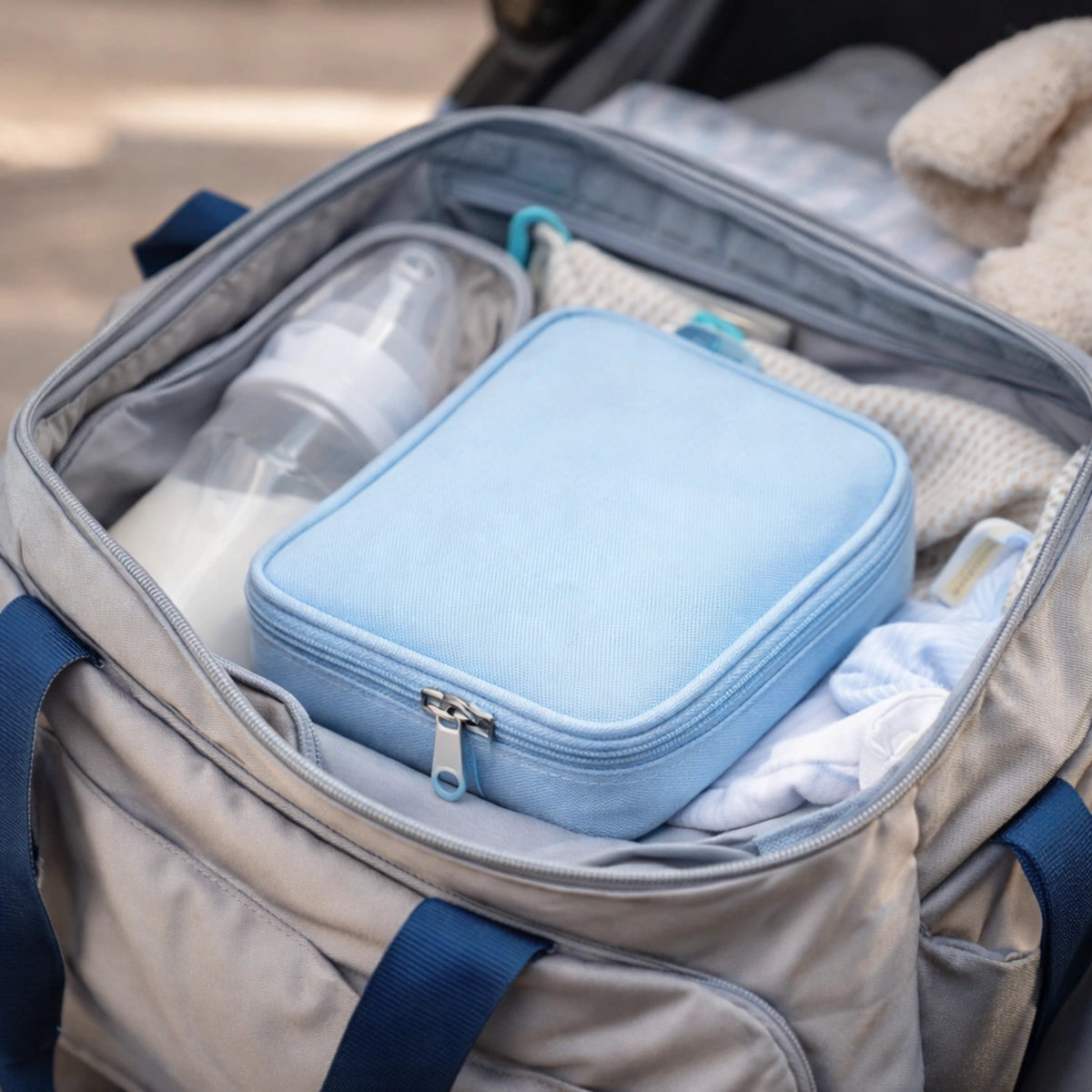 Trousse de soins bébé compacte rangée dans un sac à langer avec accessoires essentiels