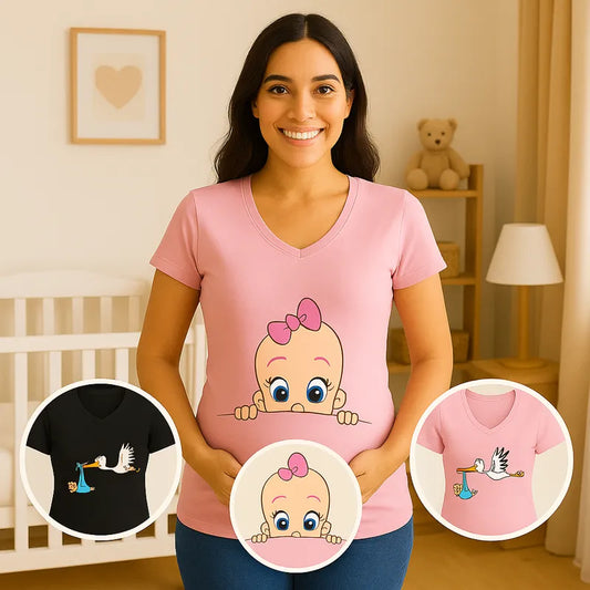T-shirt maternité rose et noir, motifs bébé et cigogne, différentes variantes