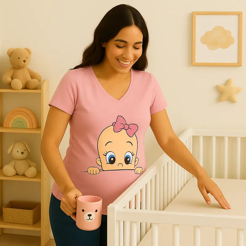 Femme enceinte portant t-shirt maternité rose motif bébé fille
