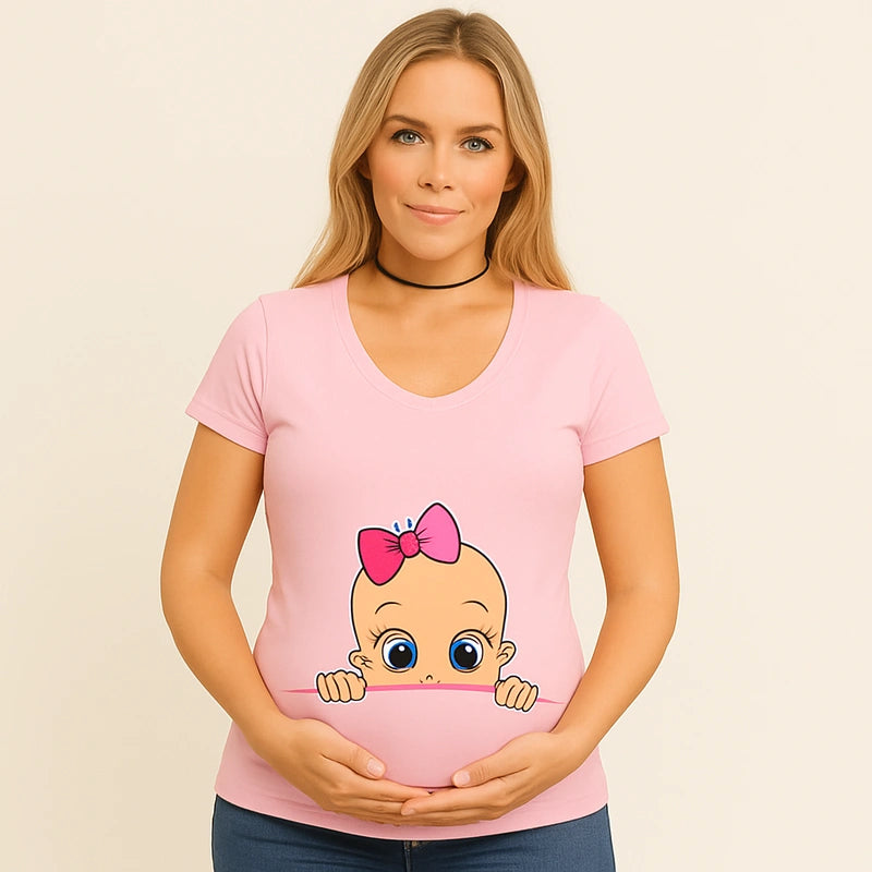 T-shirt maternité rose avec bébé fille dessin mignon peeking