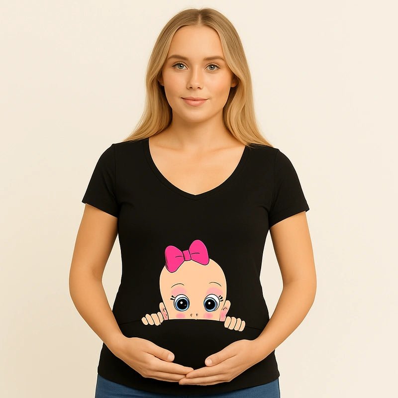 T-shirt maternité noir avec bébé fille dessin mignon rose