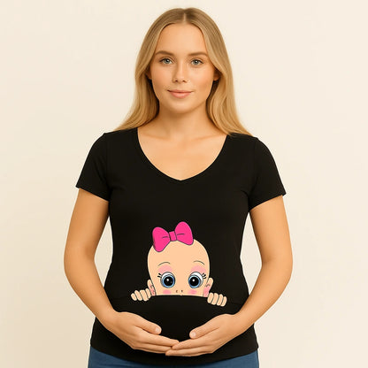 T-shirt maternité noir avec bébé fille dessin mignon rose