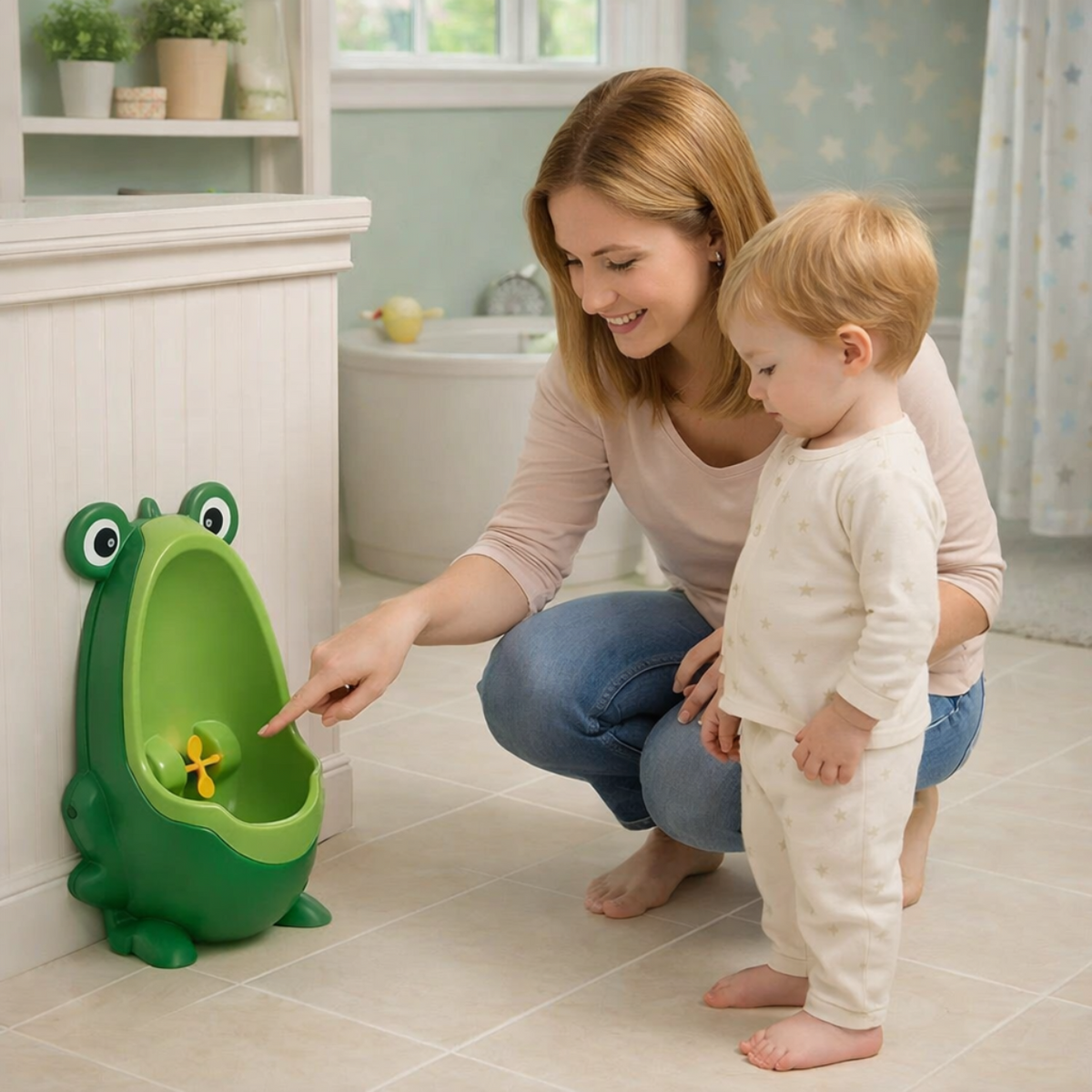 Maman accompagnant son petit garçon dans l’apprentissage de la propreté avec un urinoir grenouille vert.