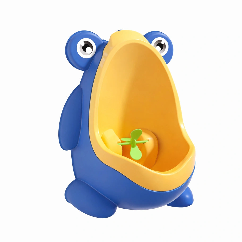 Urinoir enfant en forme de grenouille bleue avec cible rotative pour apprentissage de la propreté