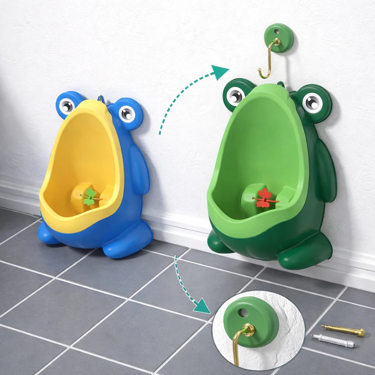 Urinoir enfant grenouille avec fixation murale par crochet, utilisable au sol ou accroché au mur,