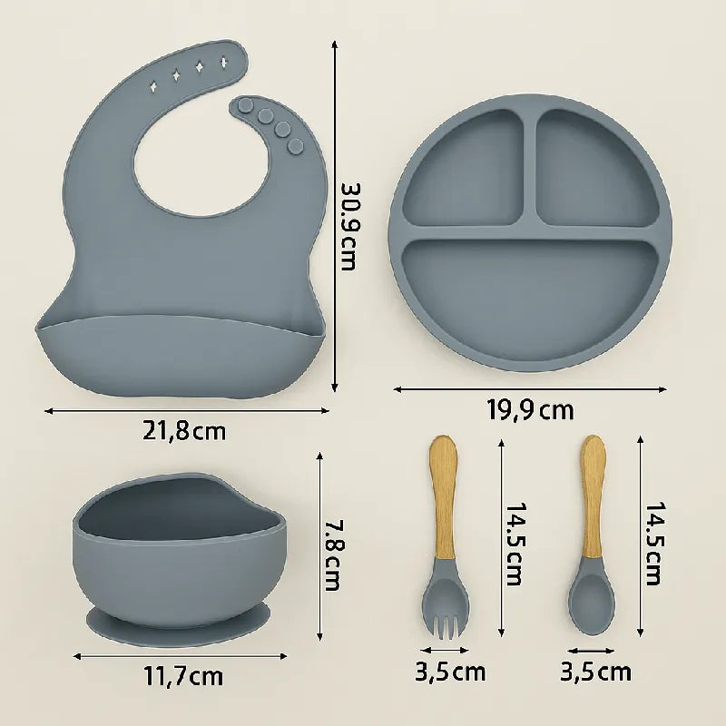 Ensemble vaisselle bébé en silicone avec assiette, bol, cuillère et fourchette