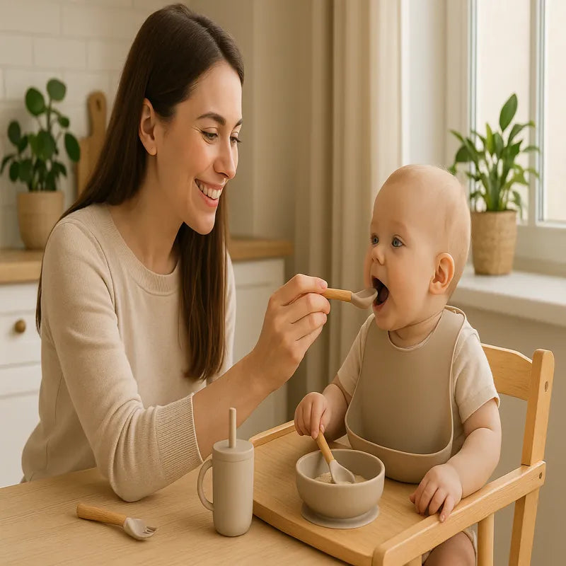 Maman nourrit son bébé avec un coffret vaisselle en silicone beige sans BPA
