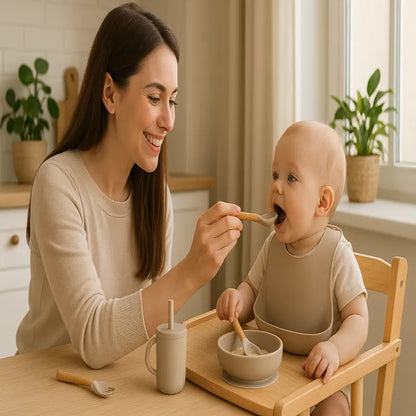 Maman nourrit son bébé avec un coffret vaisselle en silicone beige sans BPA