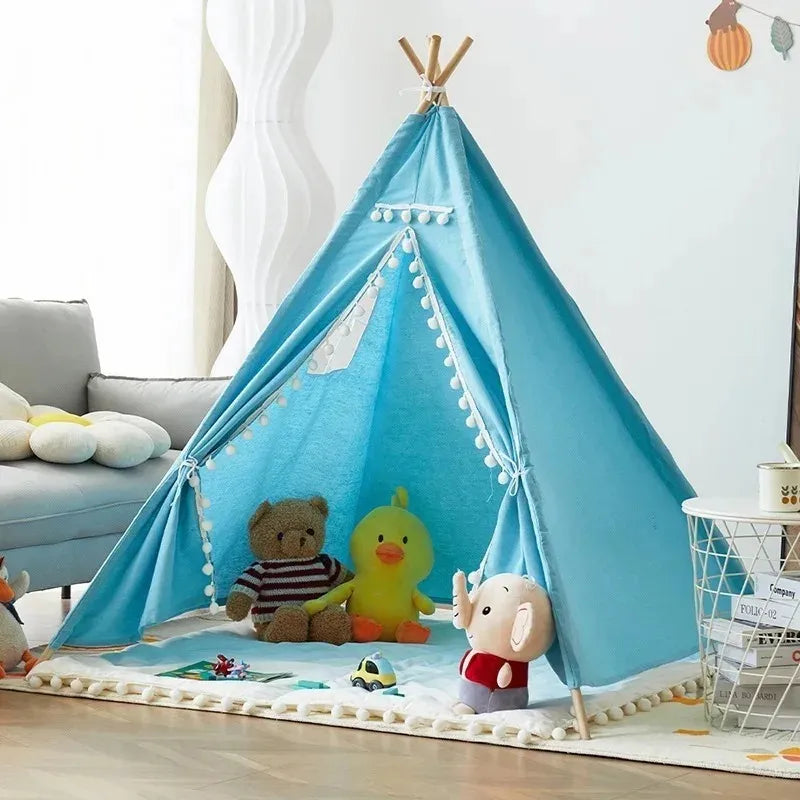 Tipi enfant bleu ciel avec peluches colorées et sol en coton doux