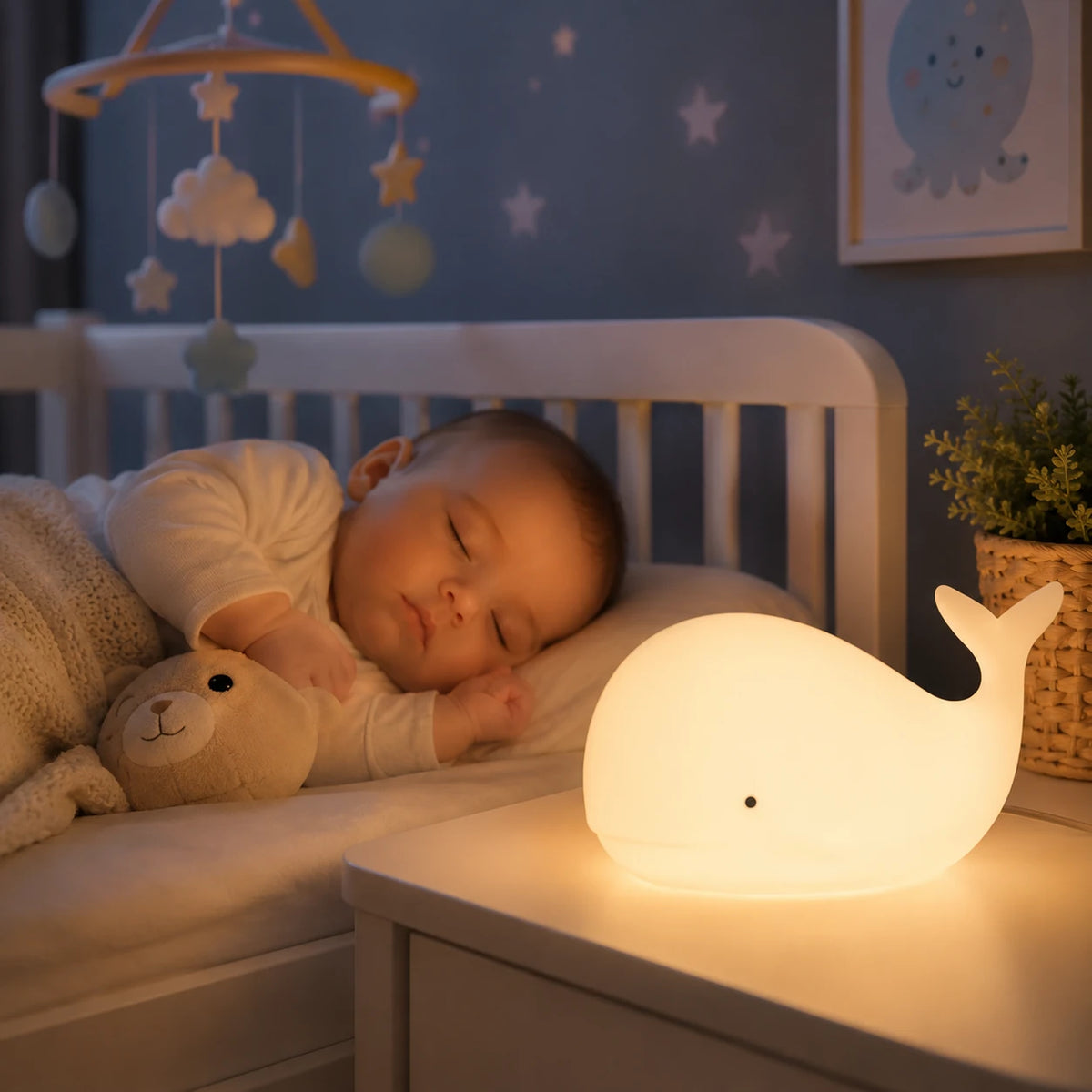 Bébé endormi paisiblement près d'une veilleuse baleine LED rechargeable sur la table de chevet.