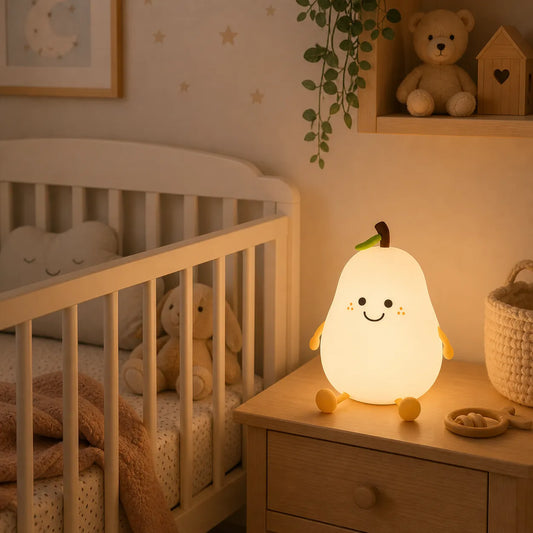 veilleuse bébé poire lumineuse dans chambre bébé ambiance nuit douce éclairage rassurant