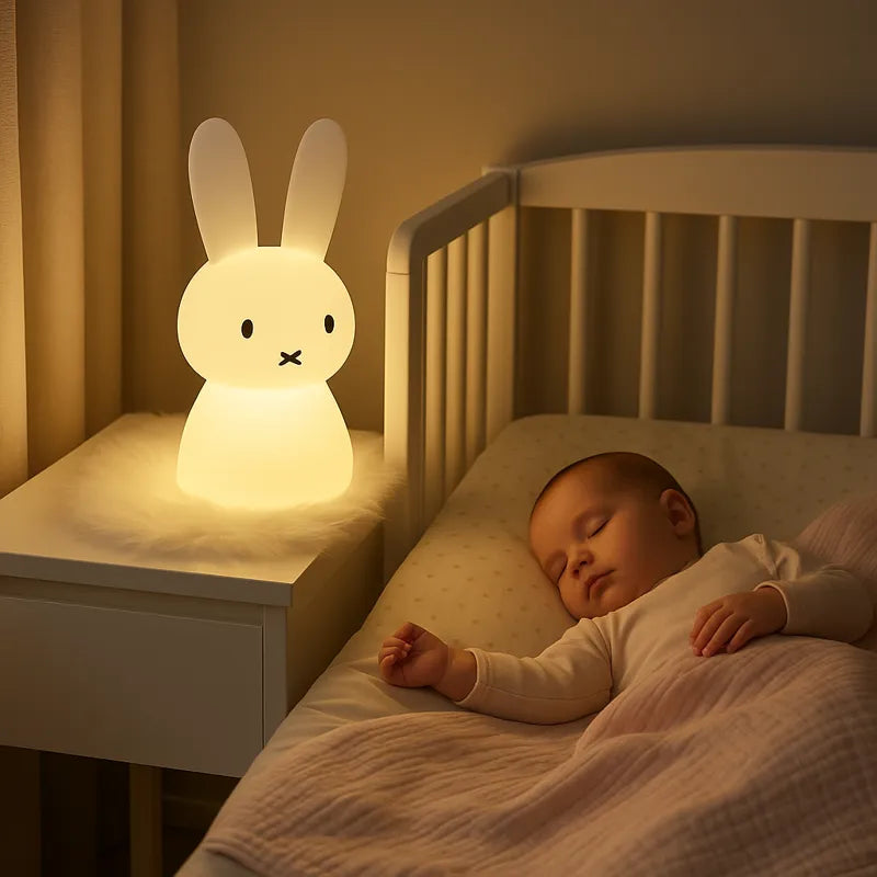 Veilleuse lapin lumineuse rassurante près d’un bébé endormi