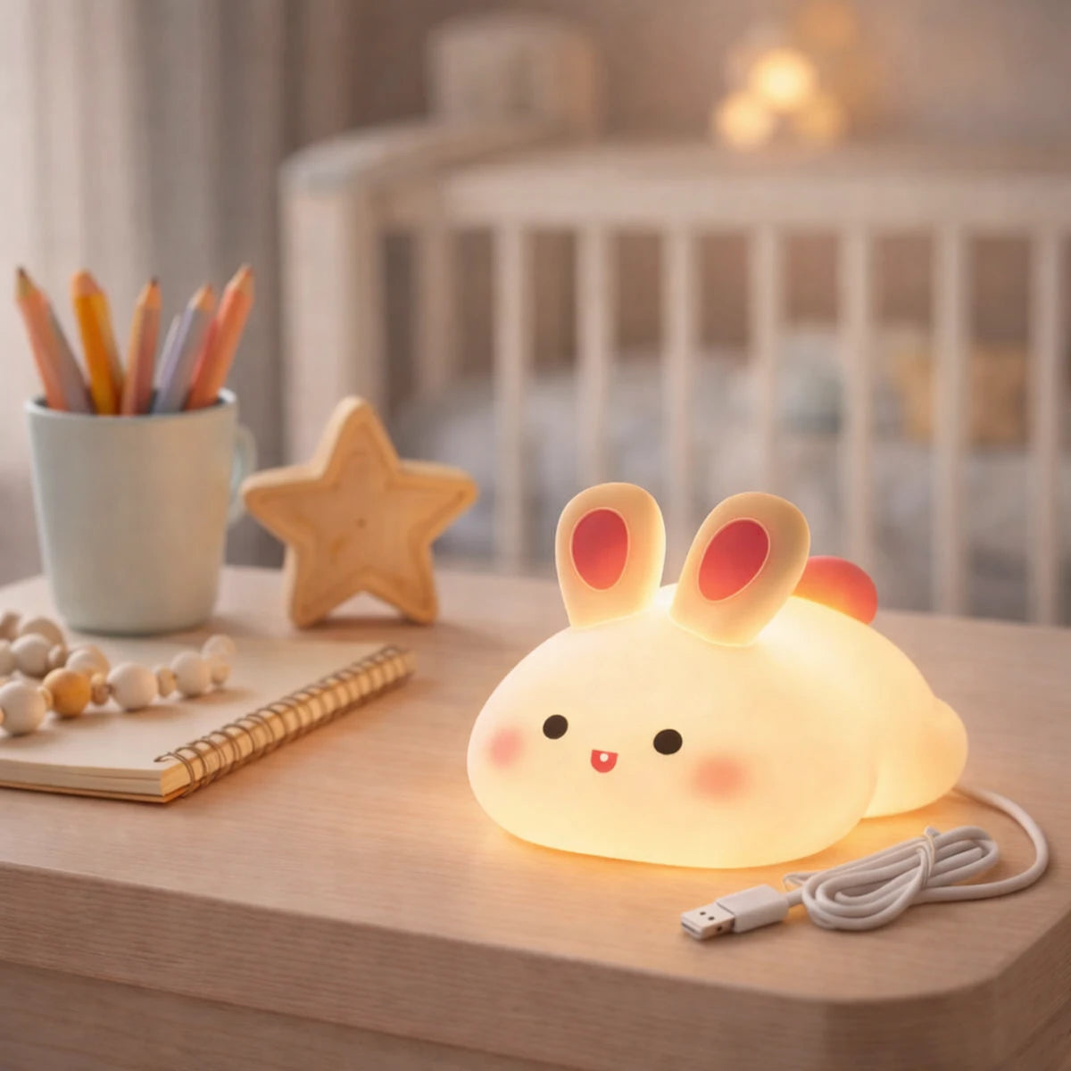 Veilleuse lapin bébé allumée posée sur une table avec câble USB à côté pour recharge facile