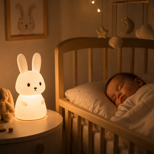 veilleuse lapin bébé chambre nuit lumière douce bébé qui dort dans sa couchette