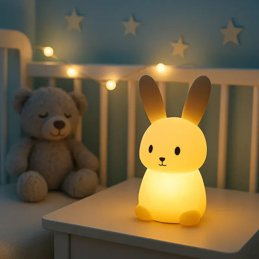 Veilleuse lapin bébé LED lumière douce silicone pour chambre enfant posée sur table de nuit