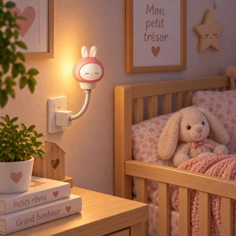 Veilleuse lapin pour bébé branchée près du lit dans une chambre douce