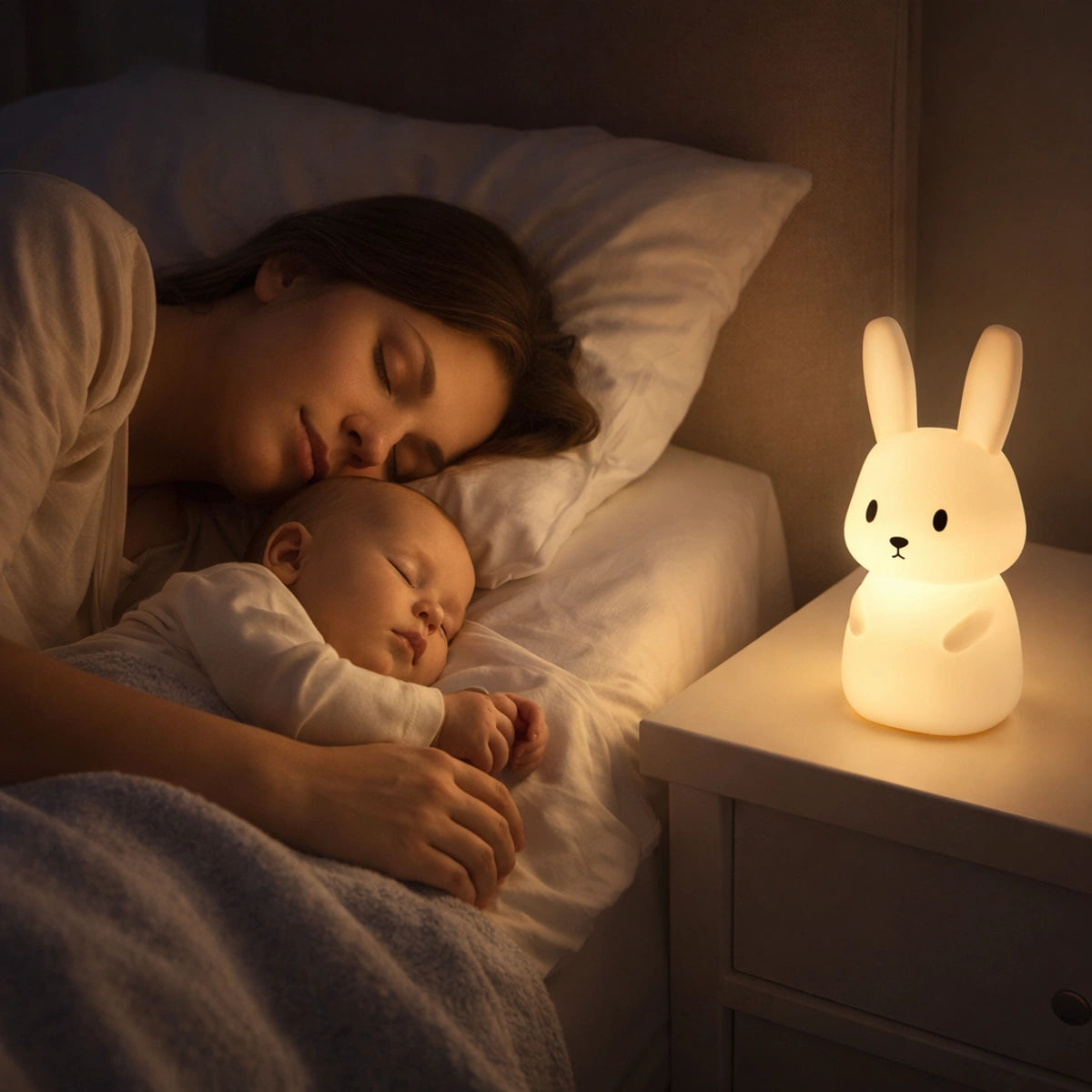 Veilleuse lapin bébé lumière douce posée sur table de nuit avec maman et bébé dormant paisiblement