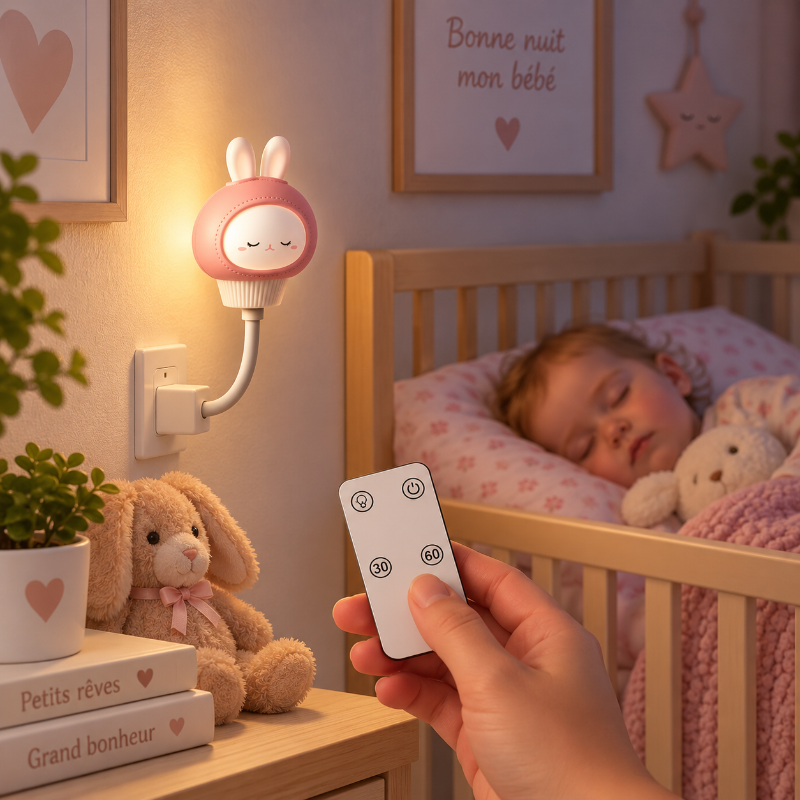Veilleuse lapin avec télécommande et minuterie près d’un bébé endormi