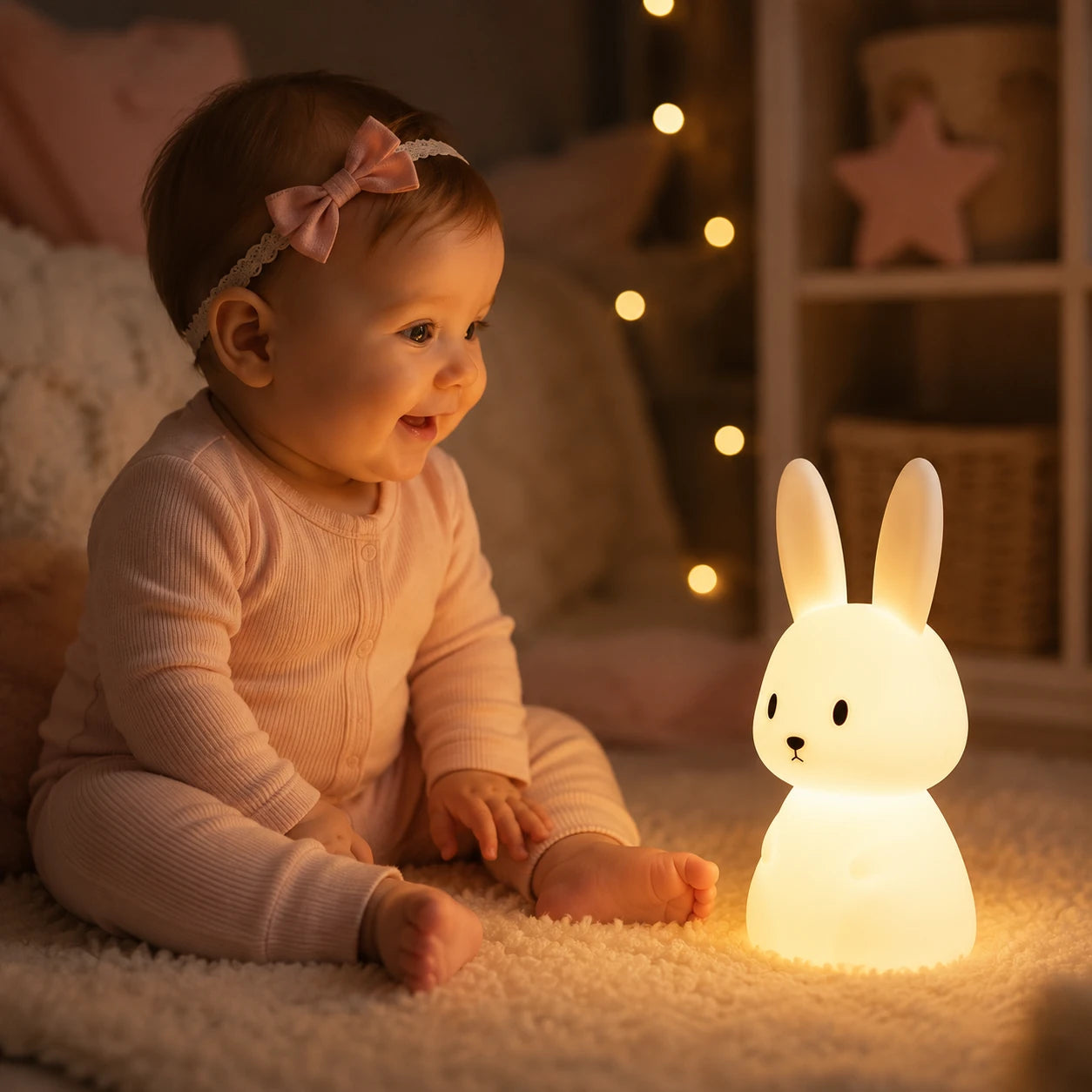 Bébé souriant devant une veilleuse lapin LED rechargeable diffusant une lumière douce et apaisante.
