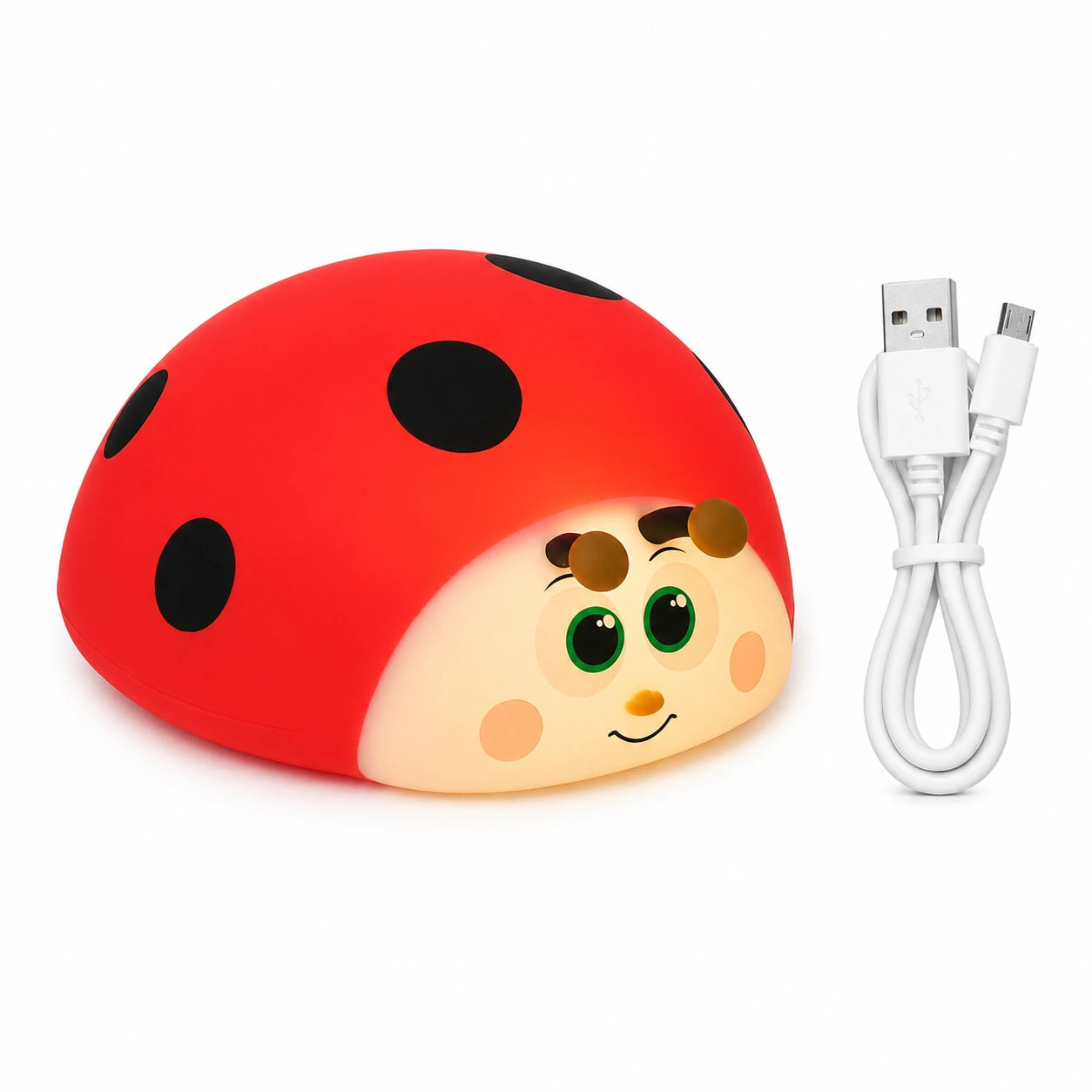 Veilleuse LED coccinelle rechargeable USB en silicone pour bébé avec lumière douce.