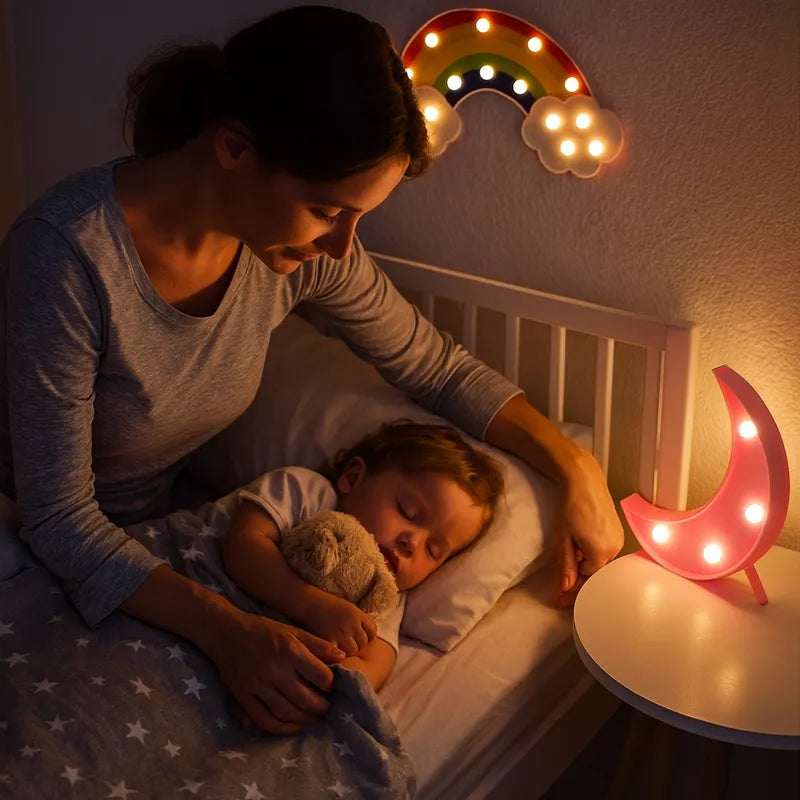 Maman bordant enfant avec veilleuse LED lune et arc-en-ciel