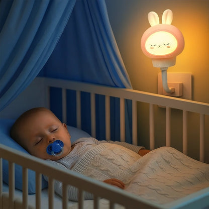 Veilleuse LED lapin murale allumée dans un lit bébé bleu
