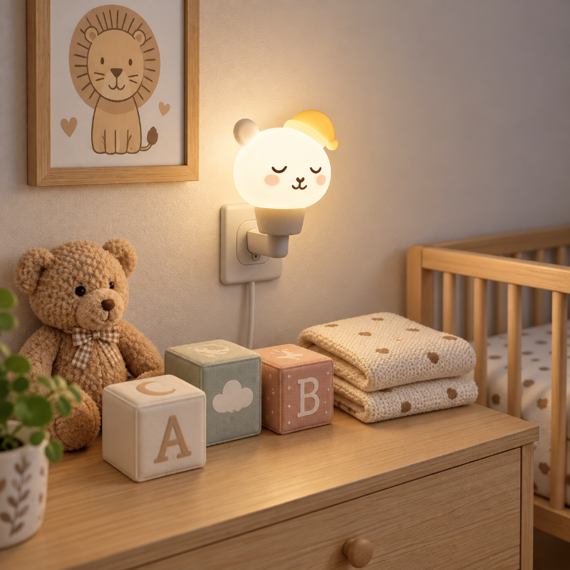 Veilleuse ourson diffusant une lumière douce dans une chambre de bébé
