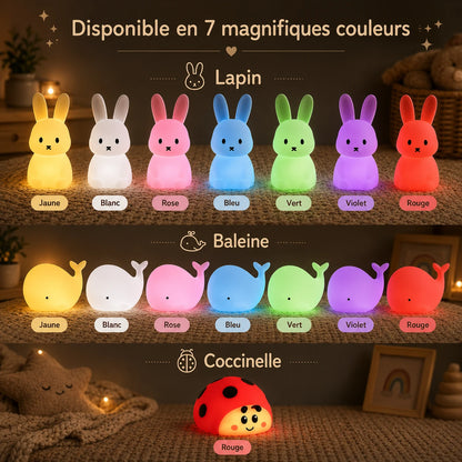 Veilleuses LED en silicone disponibles en 7 couleurs, modèles lapin, baleine et coccinelle pour bébé.