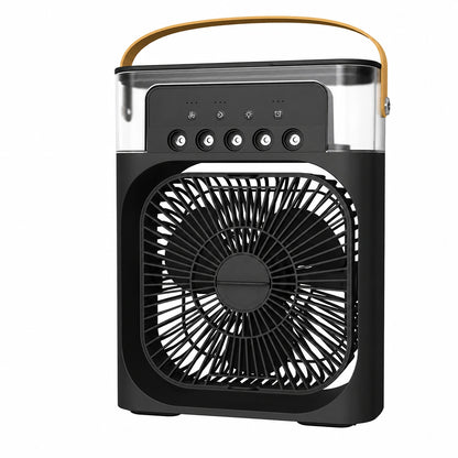 Ventilateur rafraîchissant 3 en 1 USB noir avec humidificateur, veilleuse LED et réservoir d'eau.