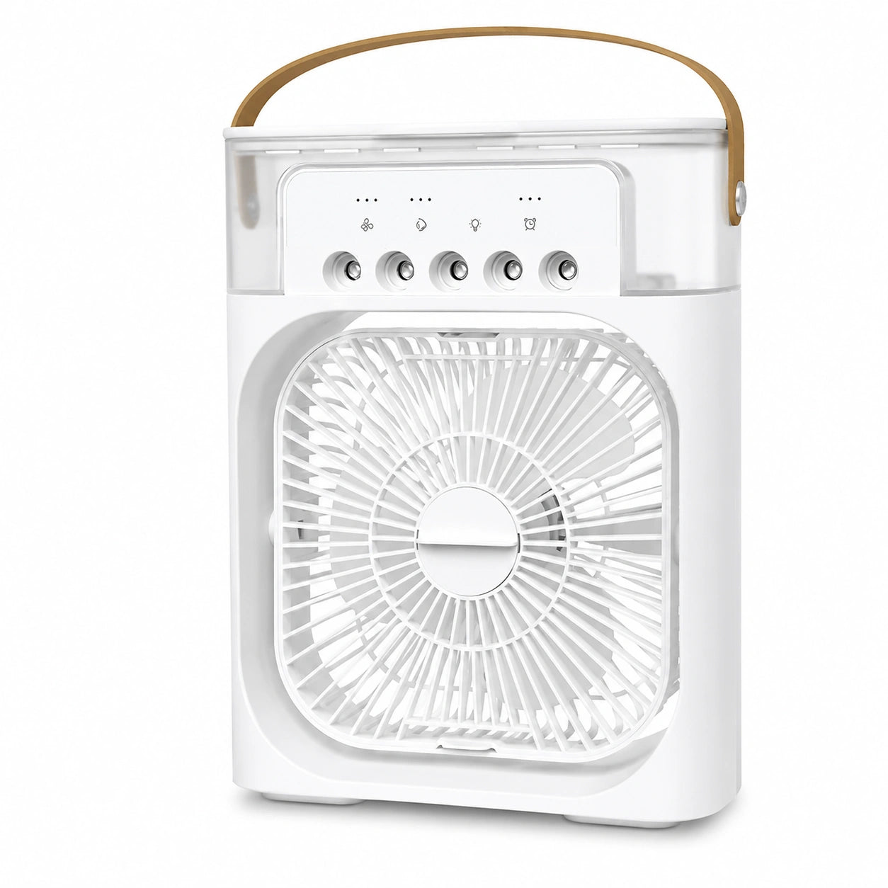 Ventilateur rafraîchissant 3 en 1 USB blanc avec humidificateur, veilleuse LED et réservoir d'eau.