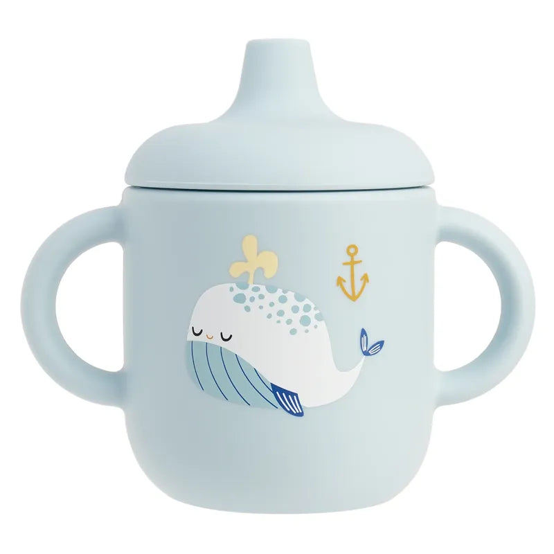 Tasse d’apprentissage bébé bleue avec baleine et ancre marine